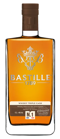 Bastille 1789 Triple Cask French Whisky bottle with a rectangular glass design and silver crest. This premium amber spirit, crafted in France, features a brown cap and elegant labeling highlighting its unique three-cask aging process.