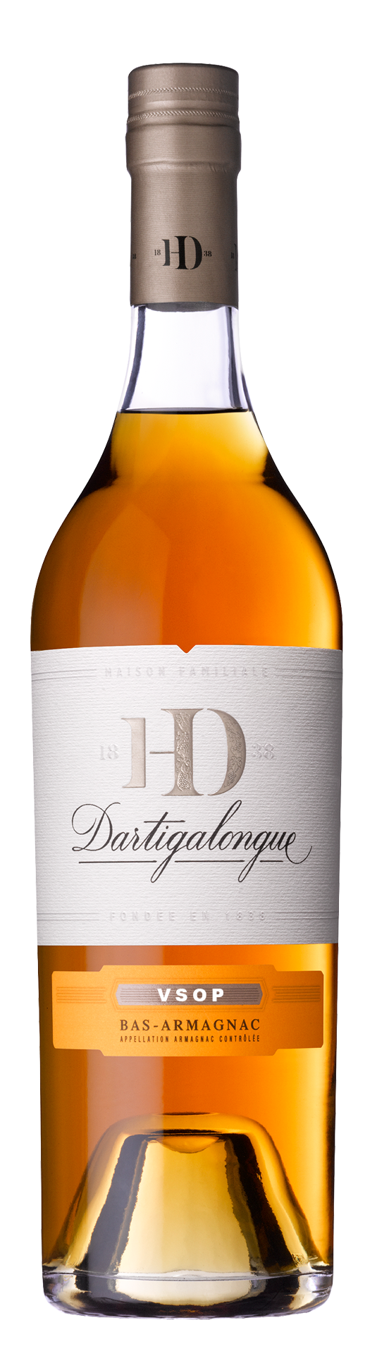 Bottle full of caramel colored Armagnac with bronze foil cap and a white embossed label reading "HD Dartigalongue" and orange and bronze label below reading "VSOP Bas Armagnac."