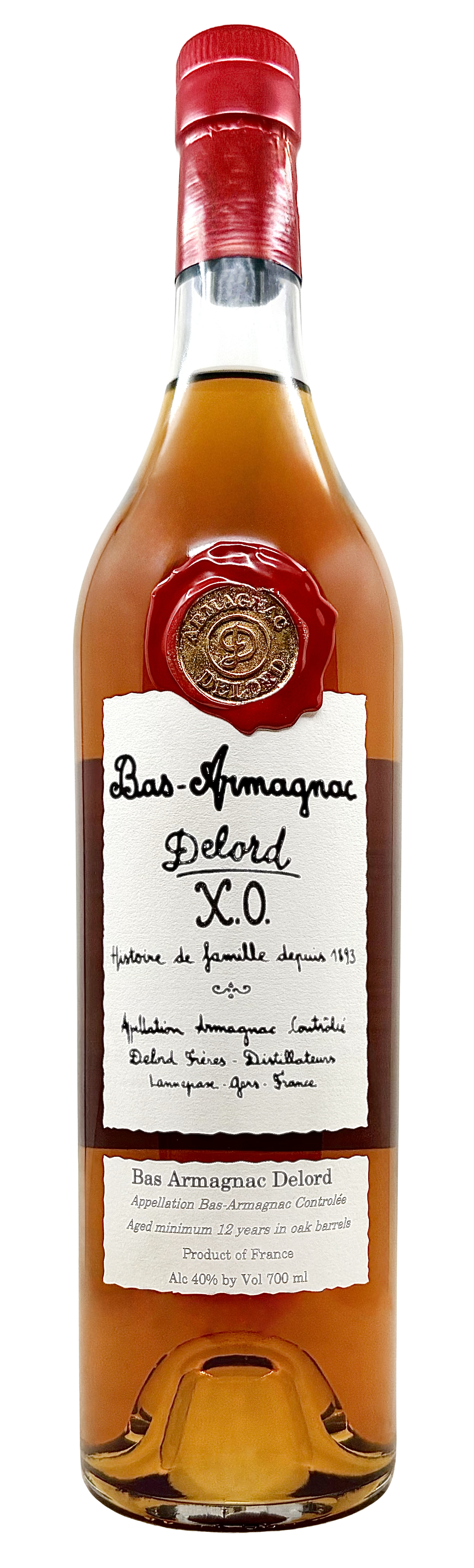 A bottle of Bas-Armagnac Delord XO, a French brandy, with a red and gold wax seal near the neck and a handwritten-style label indicating it is aged at least 12 years in oak barrels, with 40% alcohol content.