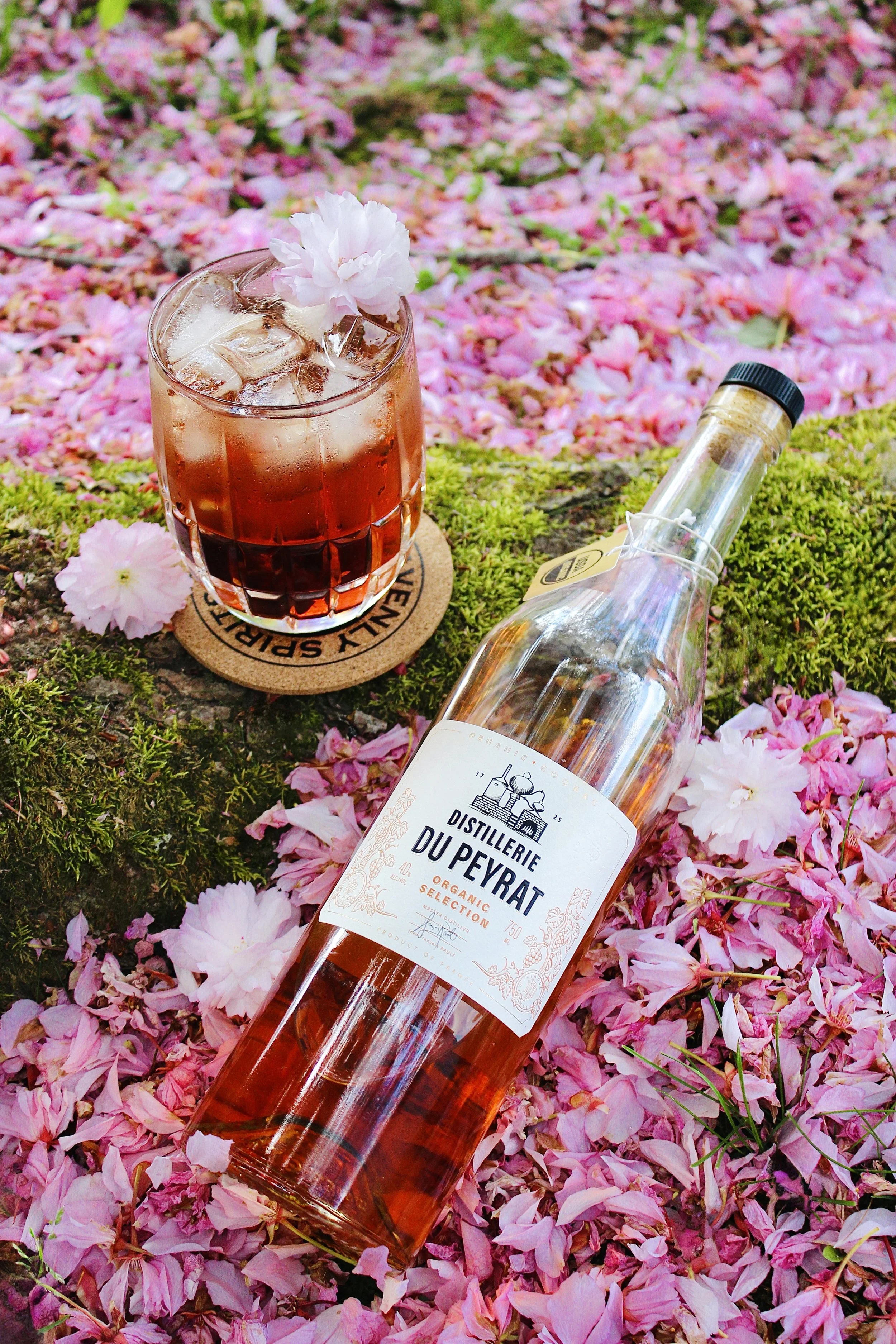 An ruby-colored cocktail filled with ice cubes and topped with a pink flower sits in a rocks glass. A bottle of Distillerie Du Peyrat Organic Selection Cognac lies on a dense bed of pink flower petals.