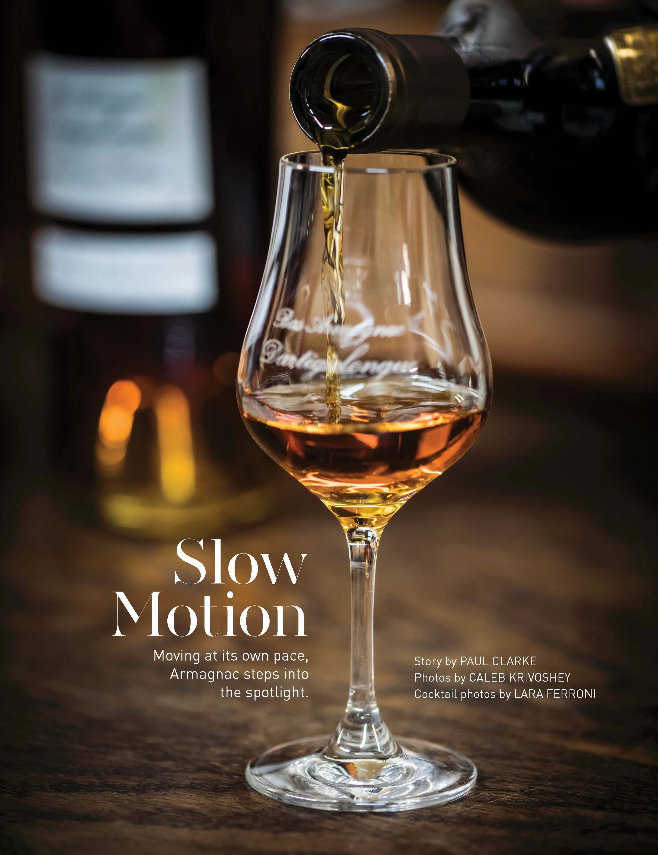 Armagnac being poured into a tulip glass with title Slow Motion