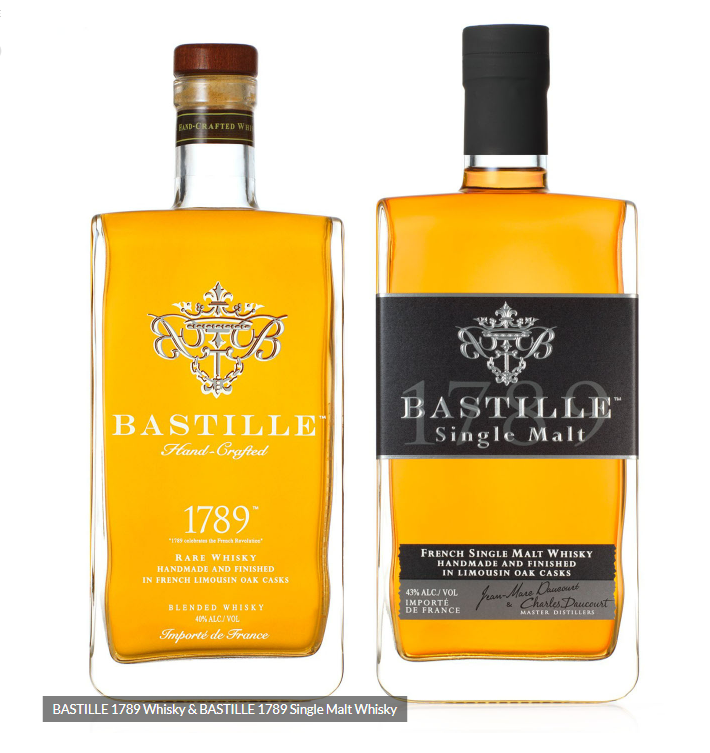 Two rectangular BASTILLE whisky bottles on a white background