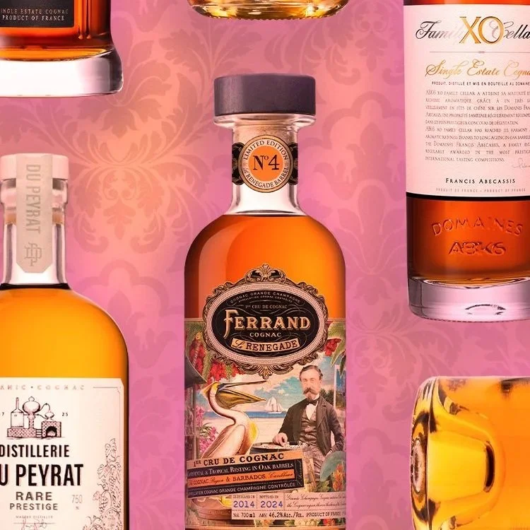 Bottles of Cognac on a peach and raspberry-colored background.