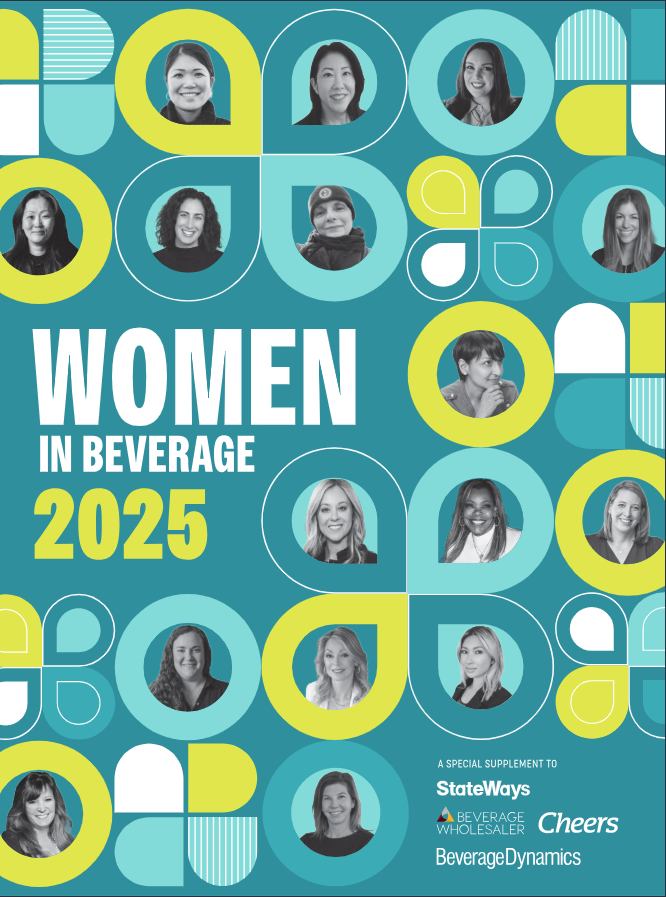 Cover of a publication titled 'Women in Beverage 2025' featuring portraits of diverse women in the beverage industry, with geometric shapes in teal, yellow, and white, and logos of BeverageWholesaler, Cheers, and Beverage Dynamics.