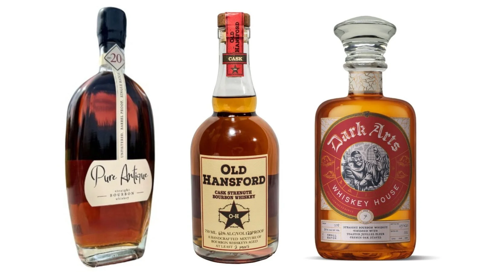 Three bourbon bottles on a white background