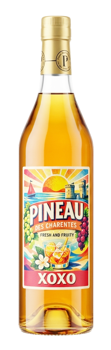 A bottle of XOXO Pineau des Charentes Blanc, a golden French aperitif. The vibrant, retro-style label features a sunset over the coast, fresh grapes, and a refreshing summer cocktail, highlighting its fresh and fruity character.
