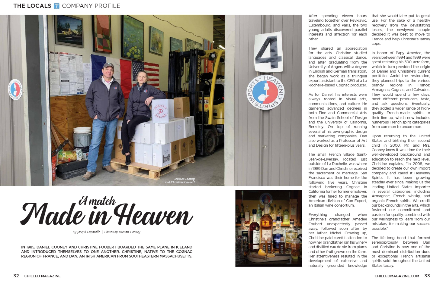 Man and woman on the loading dock of a warehouse with a pallet of spirits cases