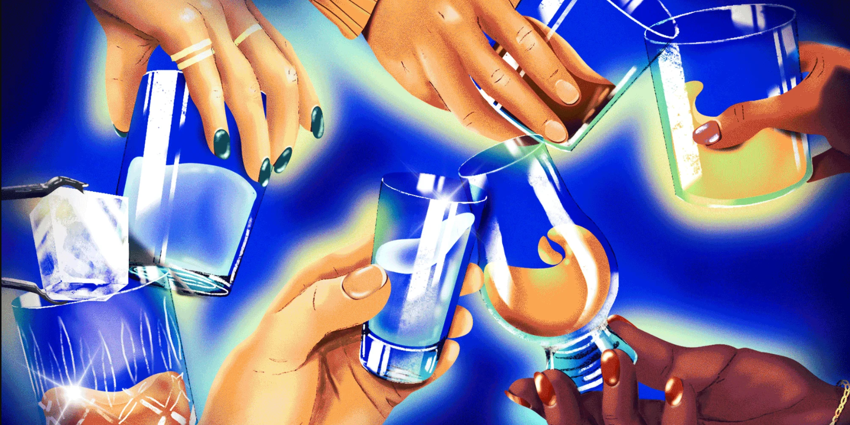 Illustration of hands holding various drinks on neon green and blue background