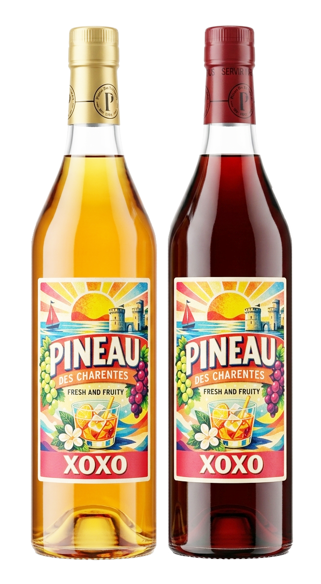 A side-by-side duo of XOXO Pineau des Charentes in Blanc and Rouge varieties. Both bottles feature artistic labels with coastal motifs and cocktail serving suggestions, representing a versatile range of French dessert and aperitif wines.