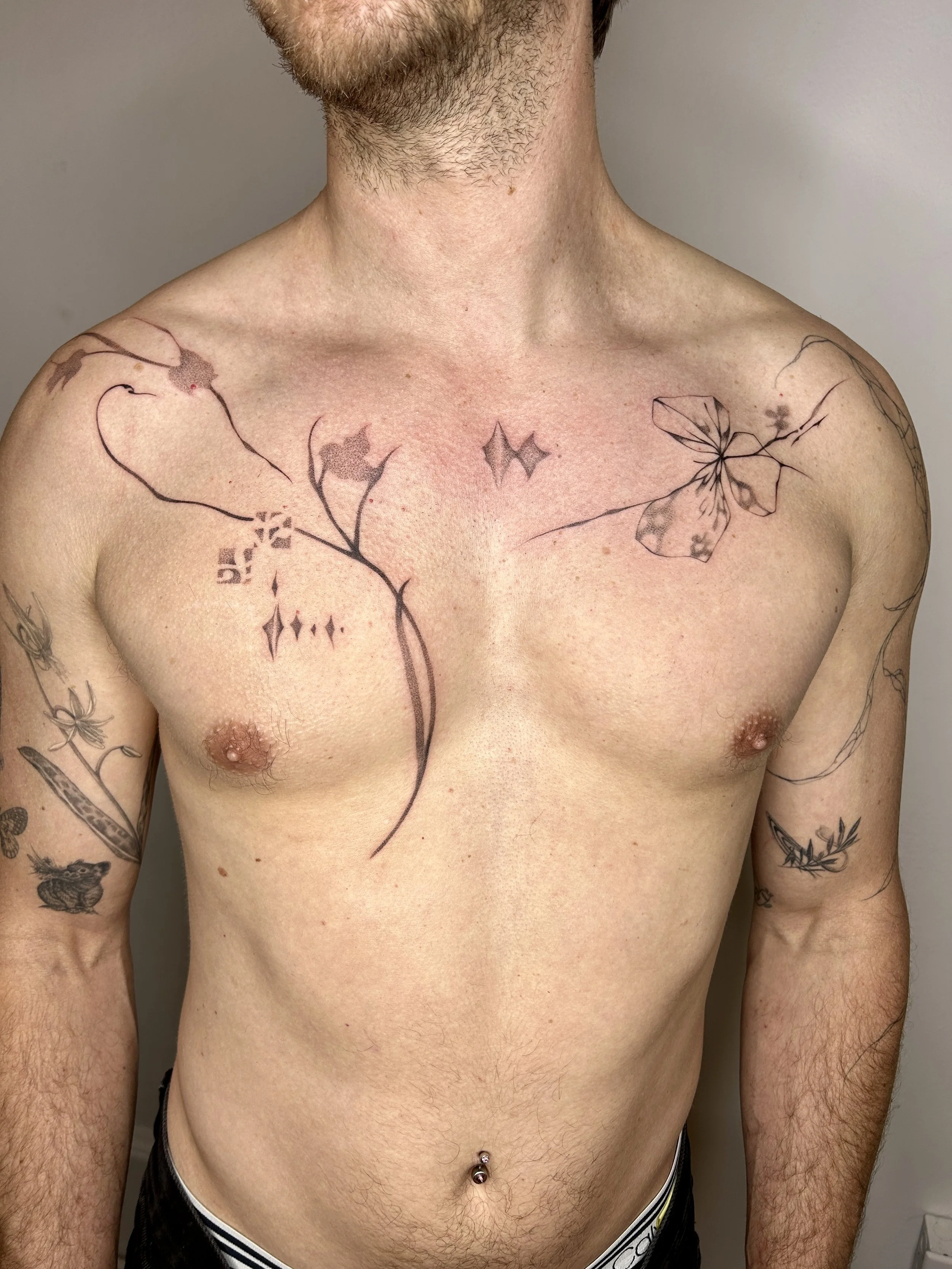 2 hours designing, 5 hours tattooing - machine/handpoke combo, flash collage