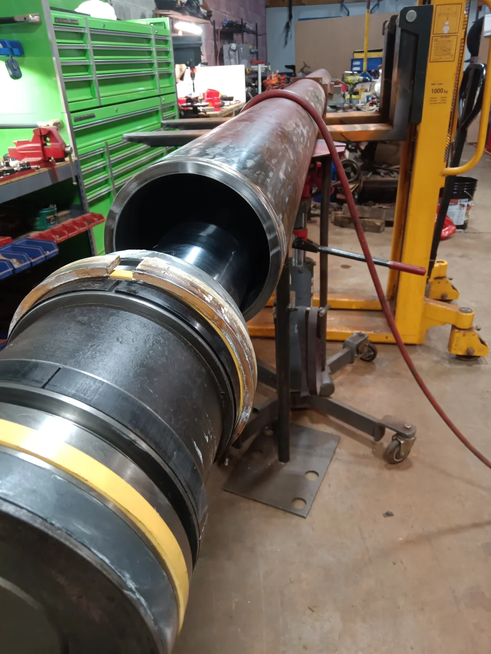 Cylinder barrel on a stand during rebuild