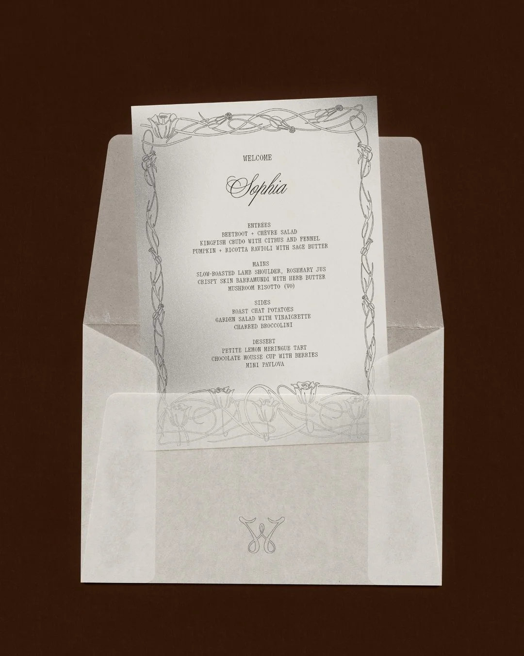 Currently obsessed with silver and chrome 🤍​​​​​​​​
​​​​​​​​
Inspired by Art Nouveau details from the 19th century, this custom menu feels timeless &amp; modern at the same time. We loved designing it in collaboration with @studio____clover