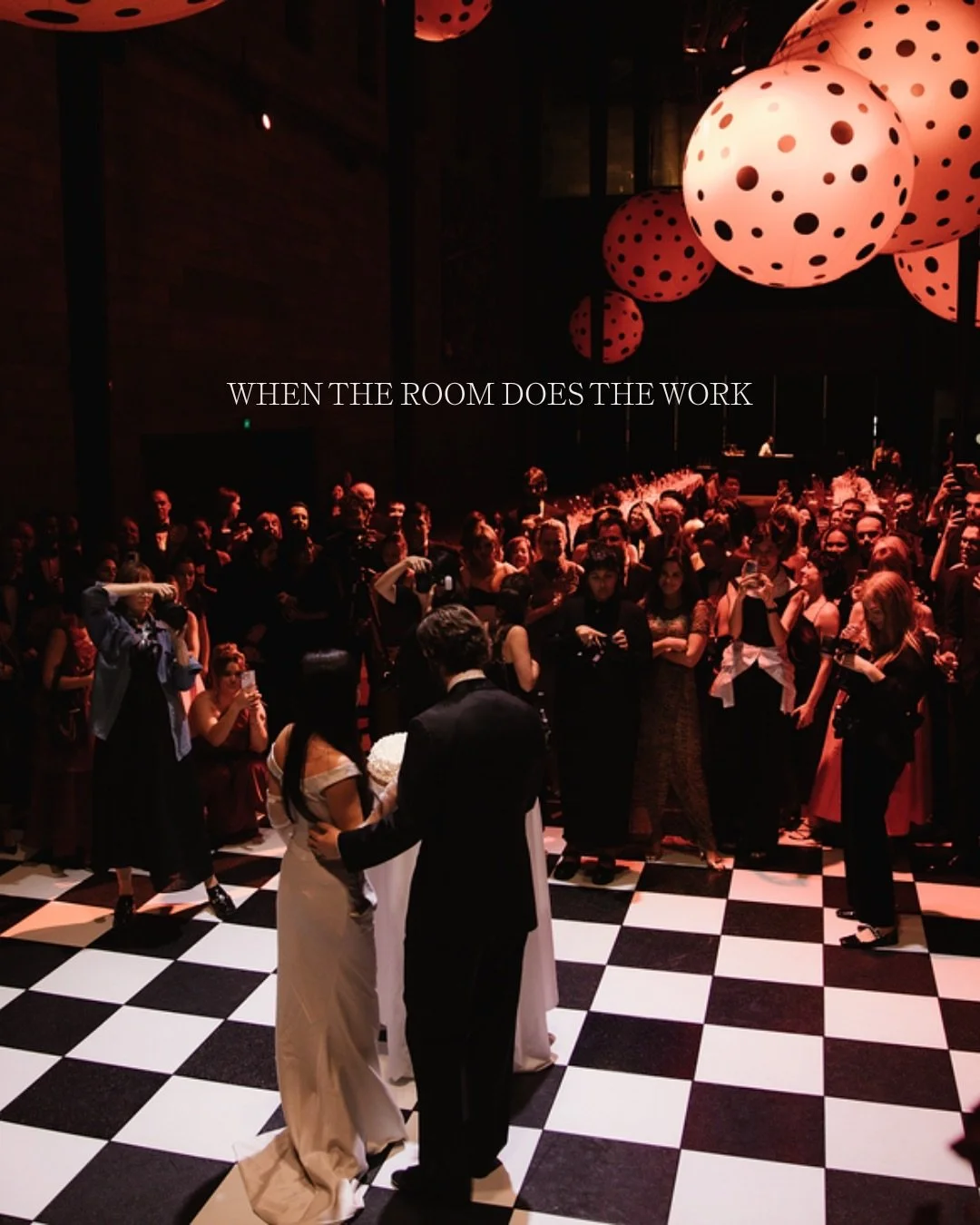 Tessa and Anthony&rsquo;s wedding at the NGV Great Hall.
⠀⠀⠀⠀⠀⠀⠀⠀⠀
A live Kusama exhibition. That iconic checkerboard dancefloor. Red velvet drapes and moody lighting. This wasn&rsquo;t a venue you dress up, it was one you listen to.
⠀⠀⠀⠀⠀⠀⠀⠀⠀
Garden
