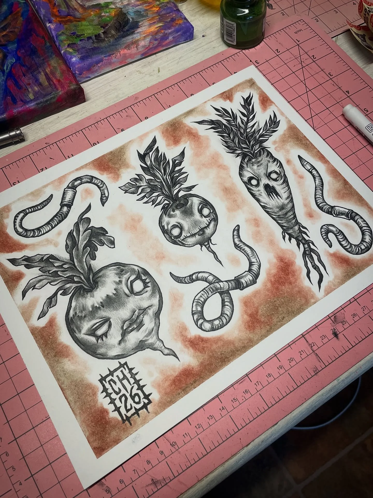 New flash sheet! I would love so much to tattoo these worms and cursed vegetables 🥕 🪱 I will be in Grand Prairie for @swancitytattooshow March 27,28,29. DM me if you are interested in getting tattooed by me! Otherwise PG is where to find me ☀️

#ve