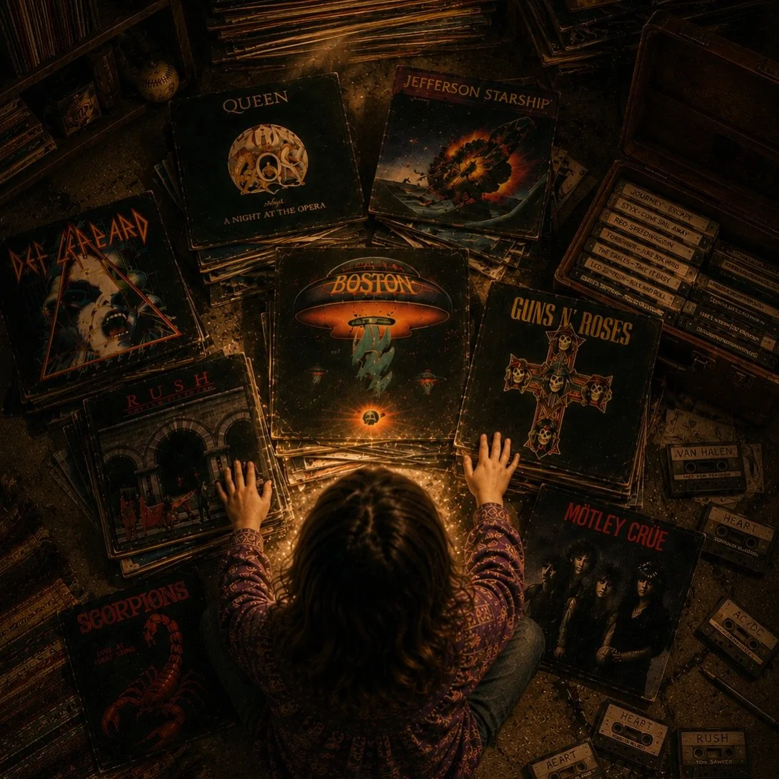 When I was young I spent timeless hours sitting on the basement floor surrounded by stacks of my dad&rsquo;s vinyl along with suitcases of cassette tapes he recorded from the radio in high school. 

Legendary electric guitar solos and the prophetic w