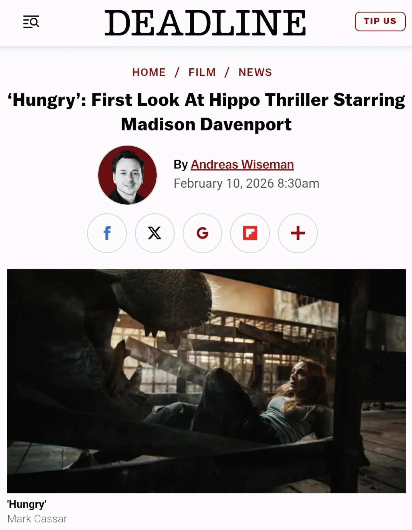 The hippo is out of the bag. First look at the film I've had the pleasure of editing and doing additional VFX. It was a tough long road, but the film came out fantastic. Can't wait for everyone to see it.
 https://deadline.com/2026/02/hungry-hippo-mo