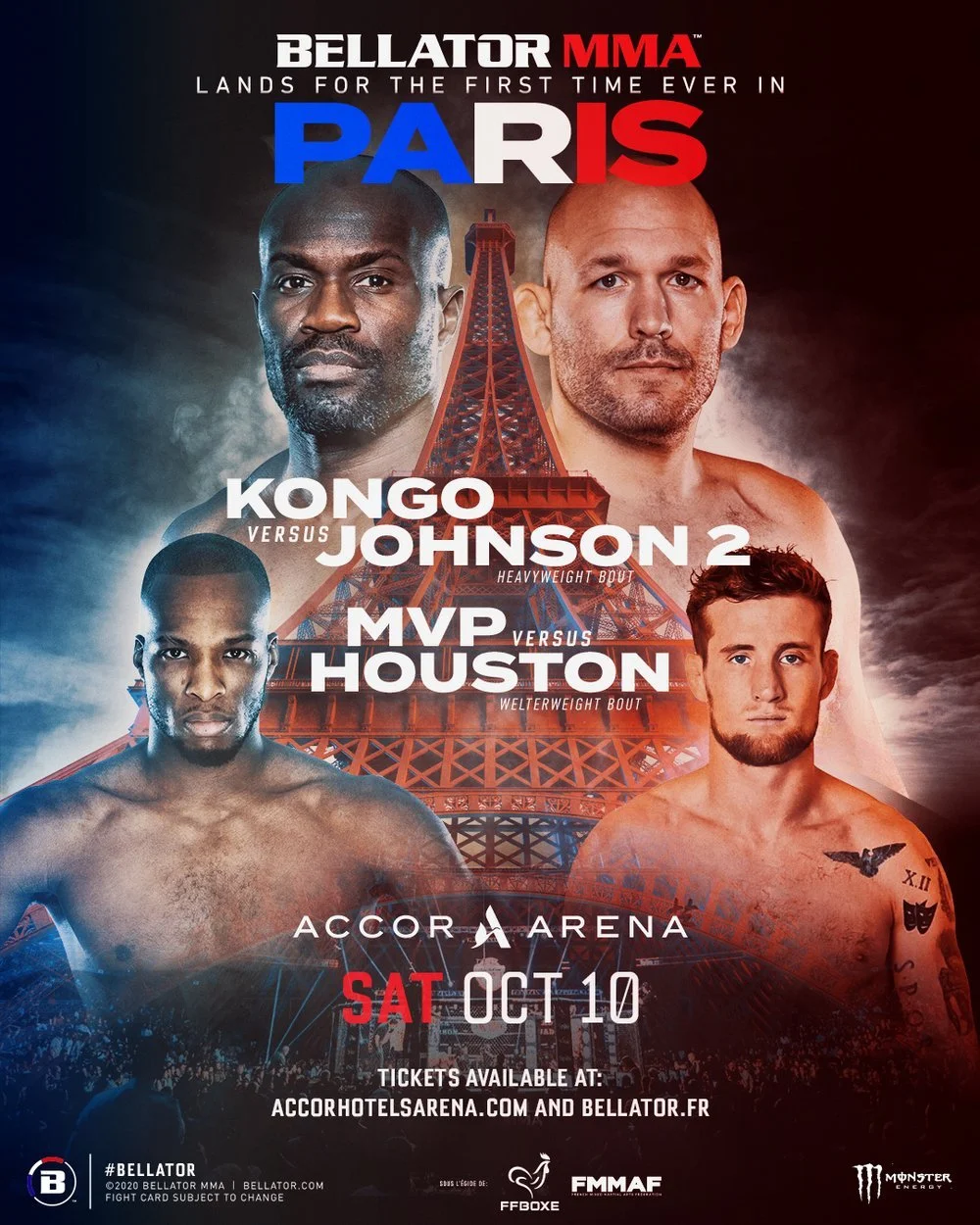 Promotional poster for Bellator MMA event in Paris featuring images of fighters Kongo, Johnson, MVP, and Houston with event details and date, October 10, at Accor Arena.
