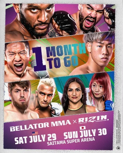 Promotional poster for a Bellator MMA event taking place from July 29 to July 30 at Saitama Super Arena, featuring images of fighters and the text "1 Month to Go".