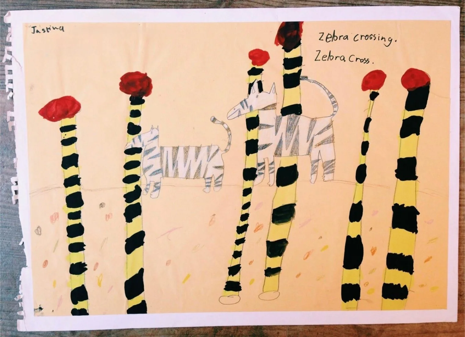 child's drawing of zebras crossing a zebra crossing
