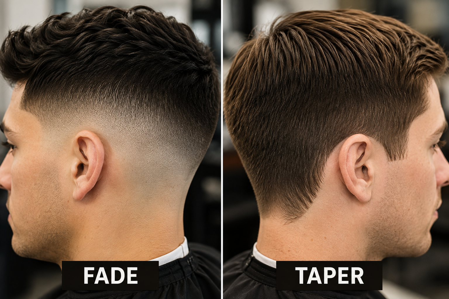 Fade versus taper mens haircut example at the Roost babershop.