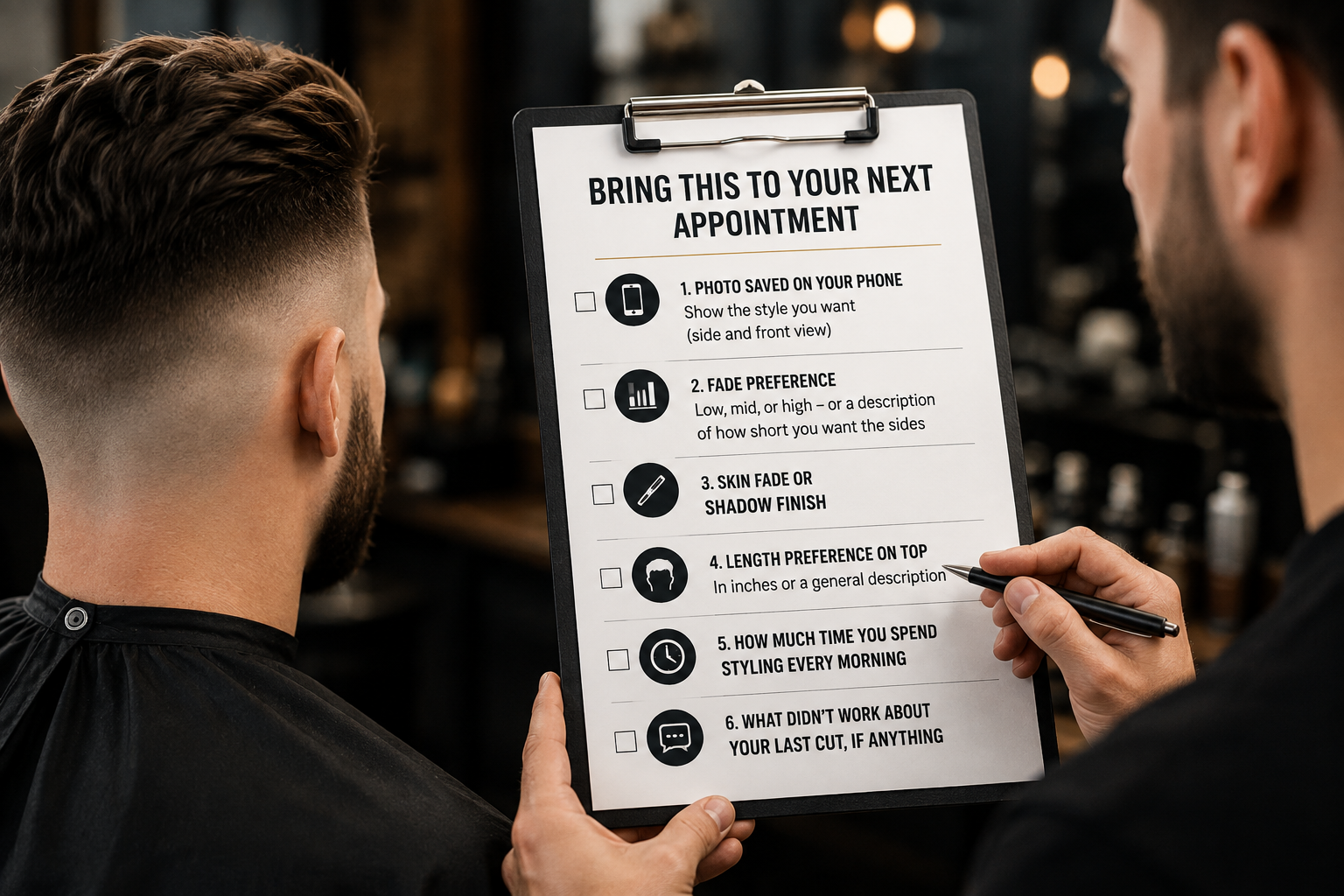 Barber consultation checklist from The Roost babershop.