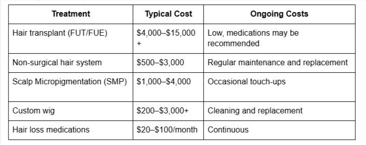 Average hair replacement cost chart