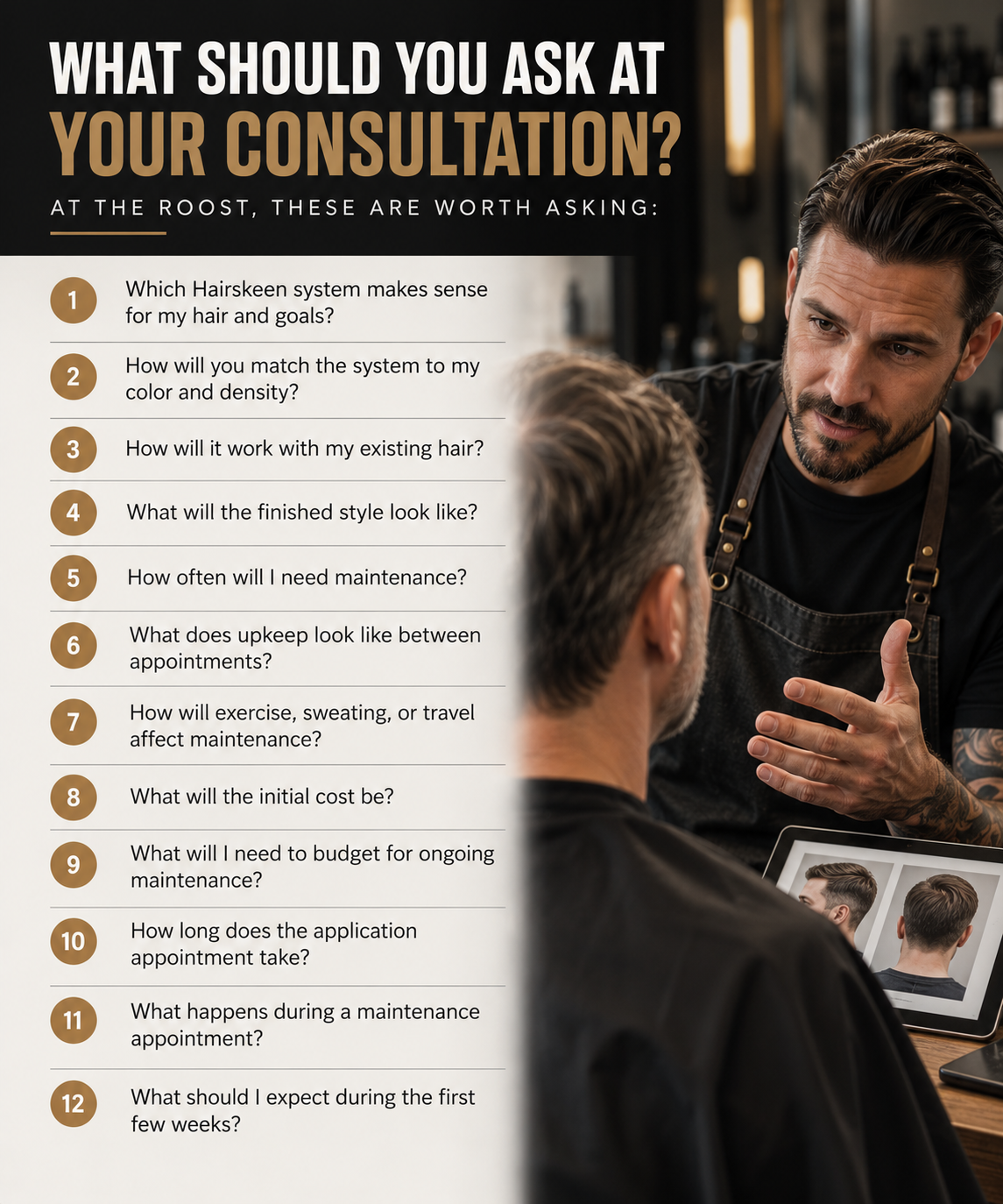 Hair replacement consultation at The Roost Barber Co. in Bend, Oregon, with a barber discussing Hairskeen system options, hair color and density matching, maintenance, cost, and styling goals with a client.