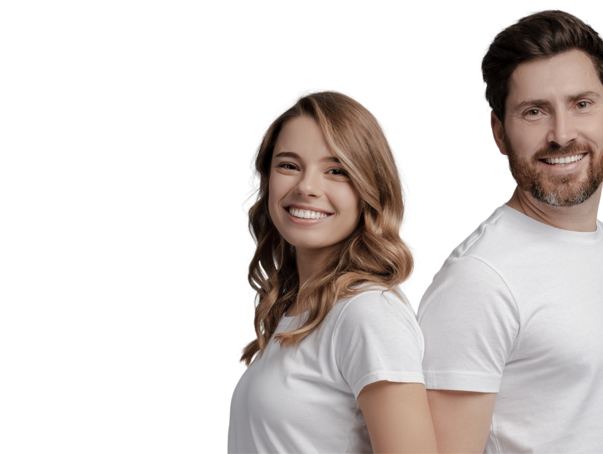 Smiling woman with wavy blonde hair standing next to a smiling man with dark hair and beard, both wearing white t-shirts, against a plain background.