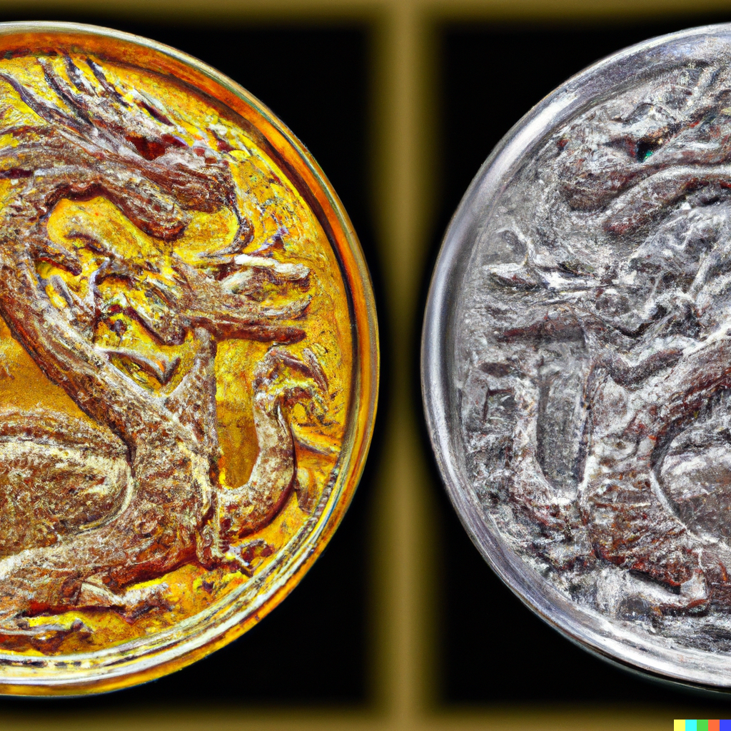 DALL·E 2023-08-14 11.37.43 - a digital art of a gold coin and a silver coin with two different images of a dragon,.png
