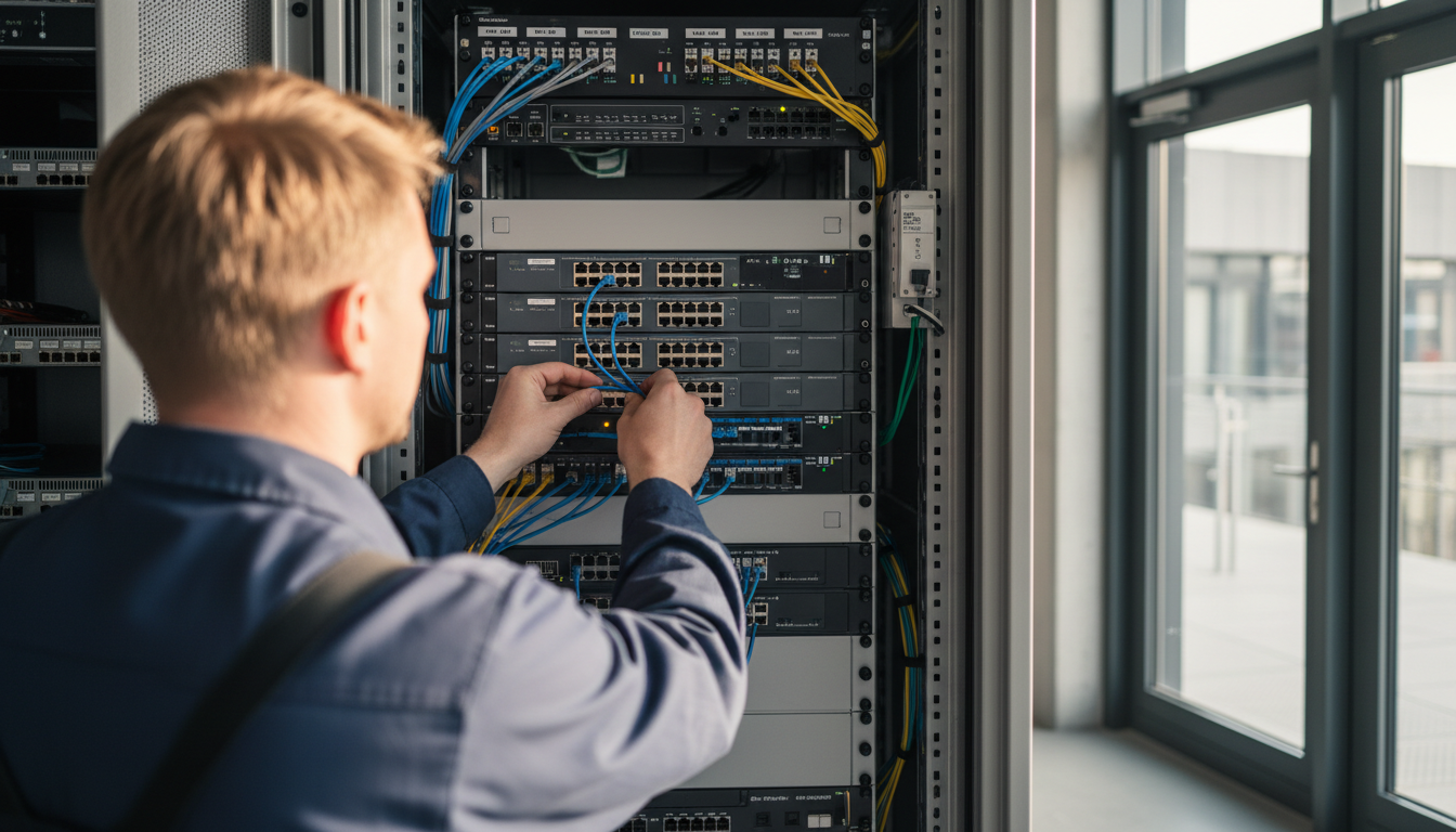 Mann arbeitet an einem Server-Rack im Rechenzentrum, Kabel werden angeschlossen.
