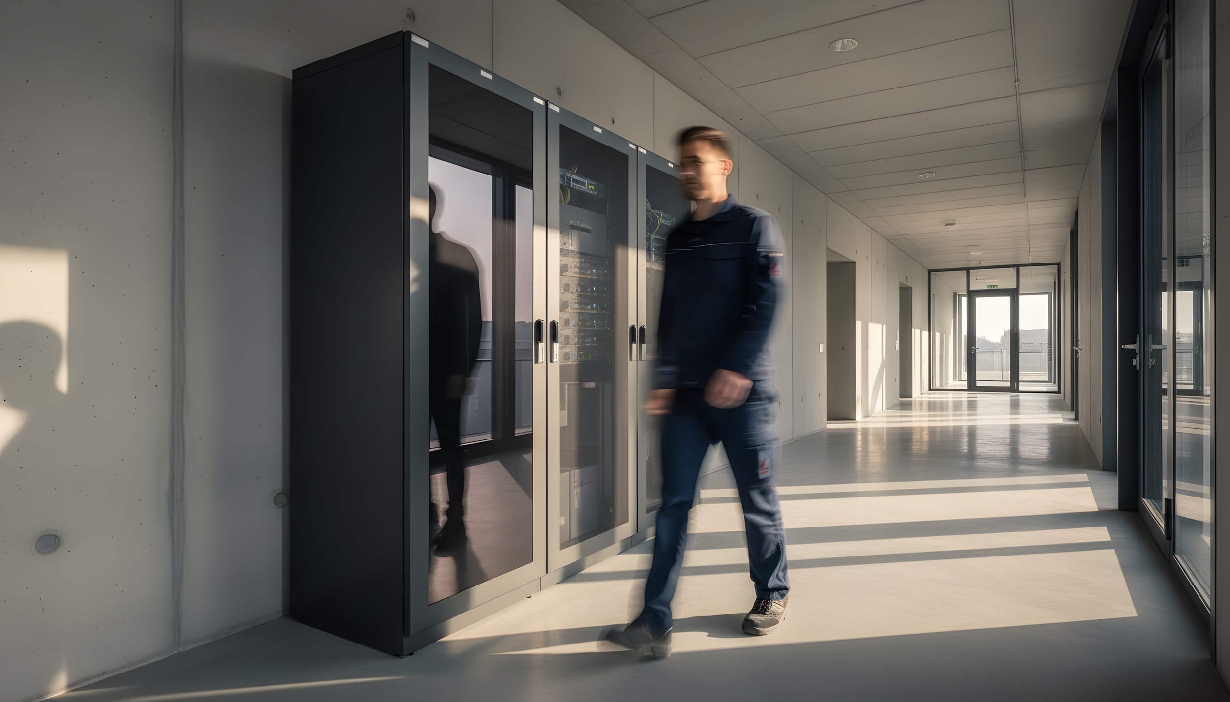 Mensch in Bewegung in einem modernen Gebäude mit großen Fenstern und einem Serverraum.