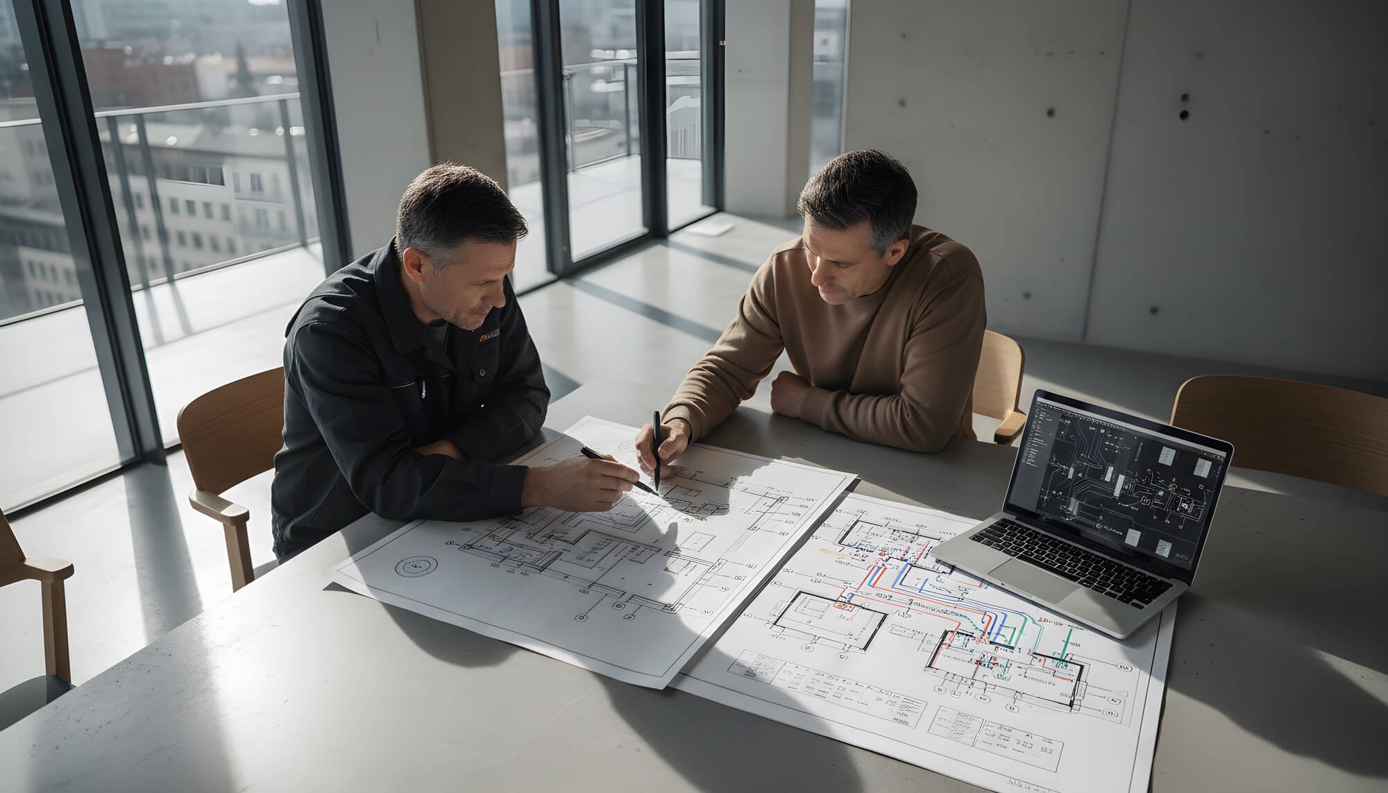 Zwei Männer besprechen Baupläne in einem modernen Büro mit großen Fenstern und Stadtblick.