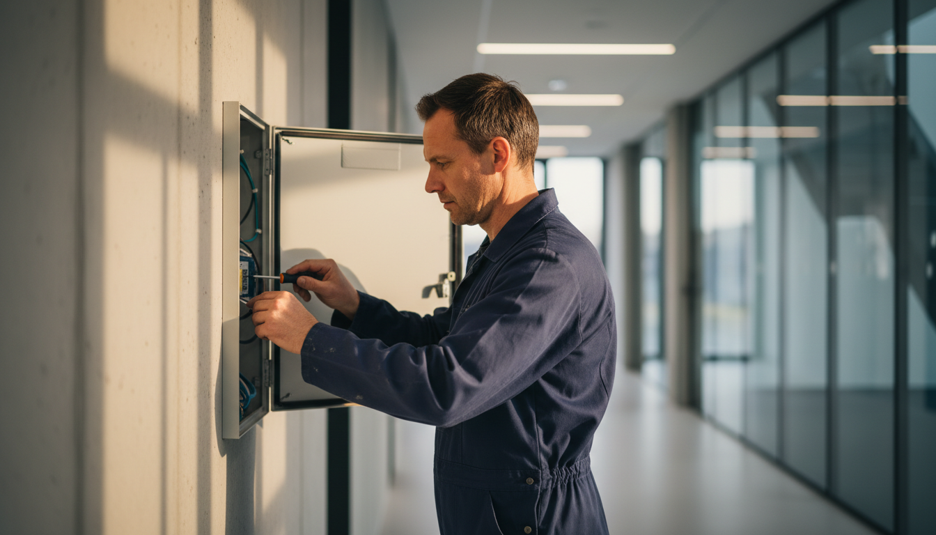 Elektriker repariert eine Schalttafel in einem modernen Gebäude.