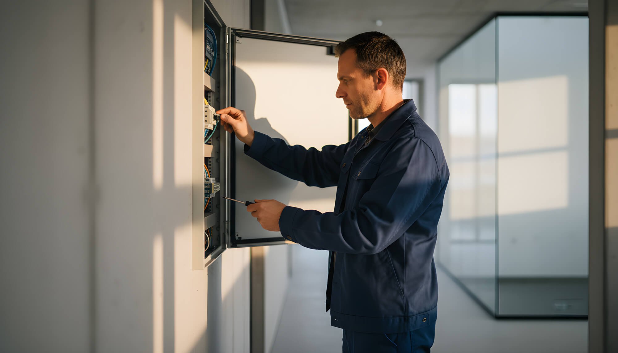 Ein Mann arbeitet an einem offenen Stromkasten in einem modernen Gebäude.
