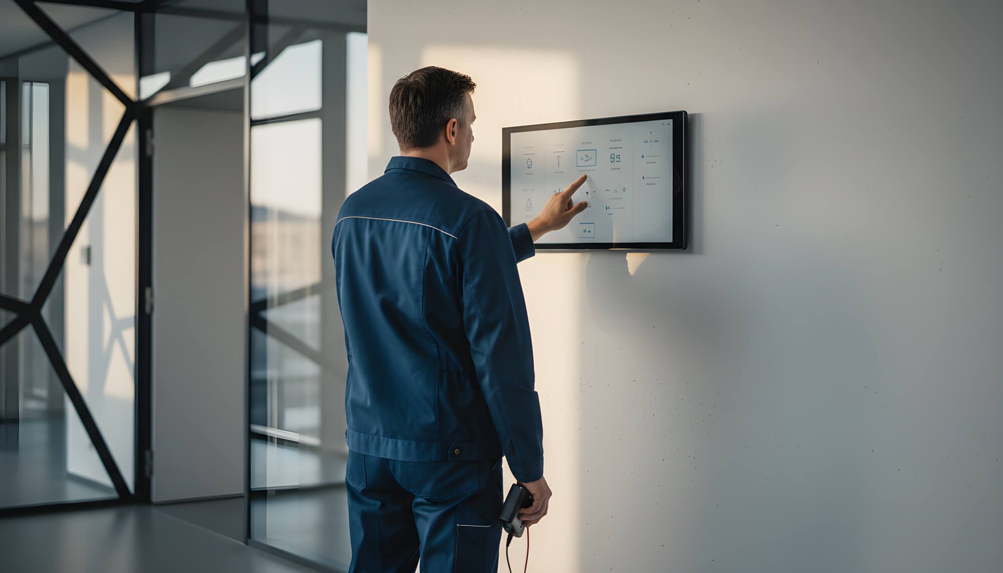 Ein Mann in blauer Arbeitskleidung benutzt einen Touchscreen-Monitor an einer weißen Wand in einem modernen Gebäude mit Glaswänden.