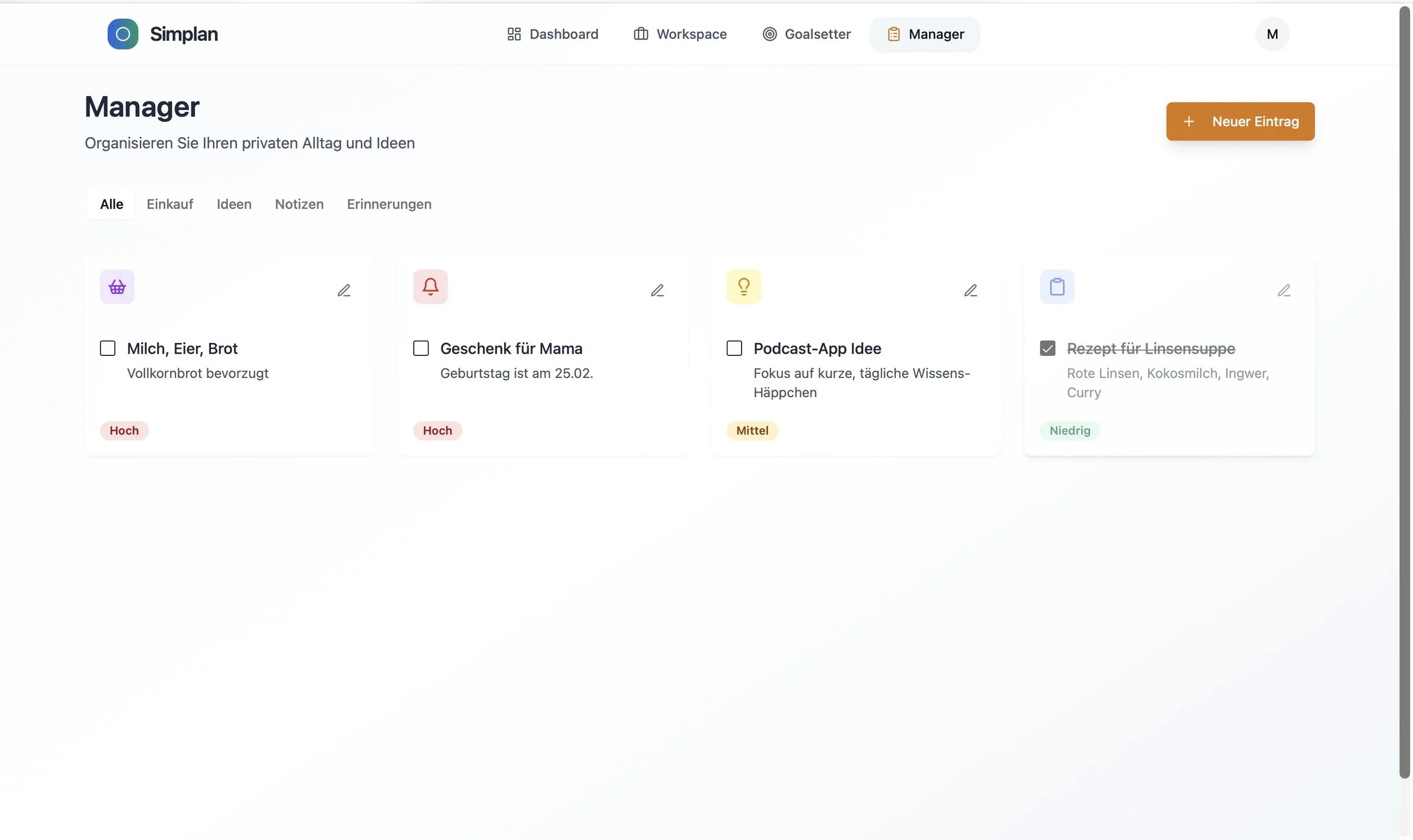 Screenshot der Aufgabenverwaltung in einer App mit Kategorien wie Einkauf, Ideen, Notizen und Erinnerungen, inklusive einzelnen Aufgaben mit Prioritätsstufen und Fälligkeitsterminen.