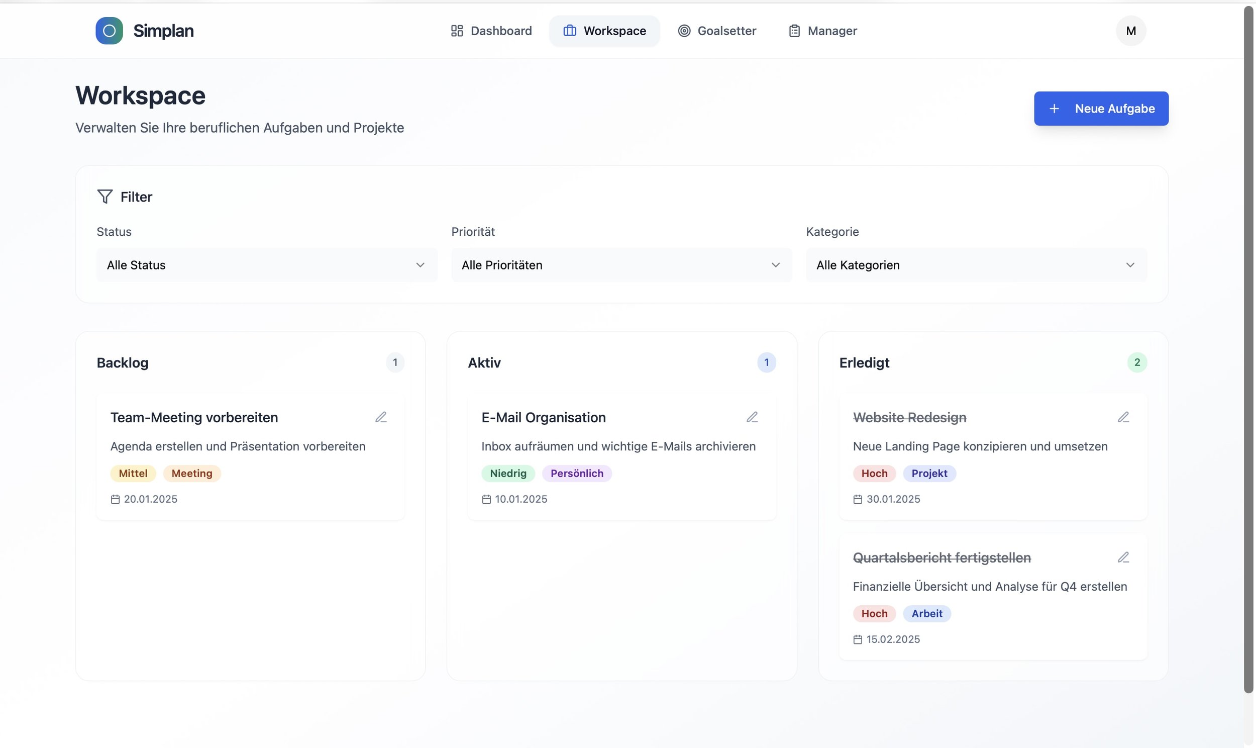 Screenshot eines Online-Workspaces mit Aufgabenlisten, Kategorien und Filteroptionen auf Deutsch.
