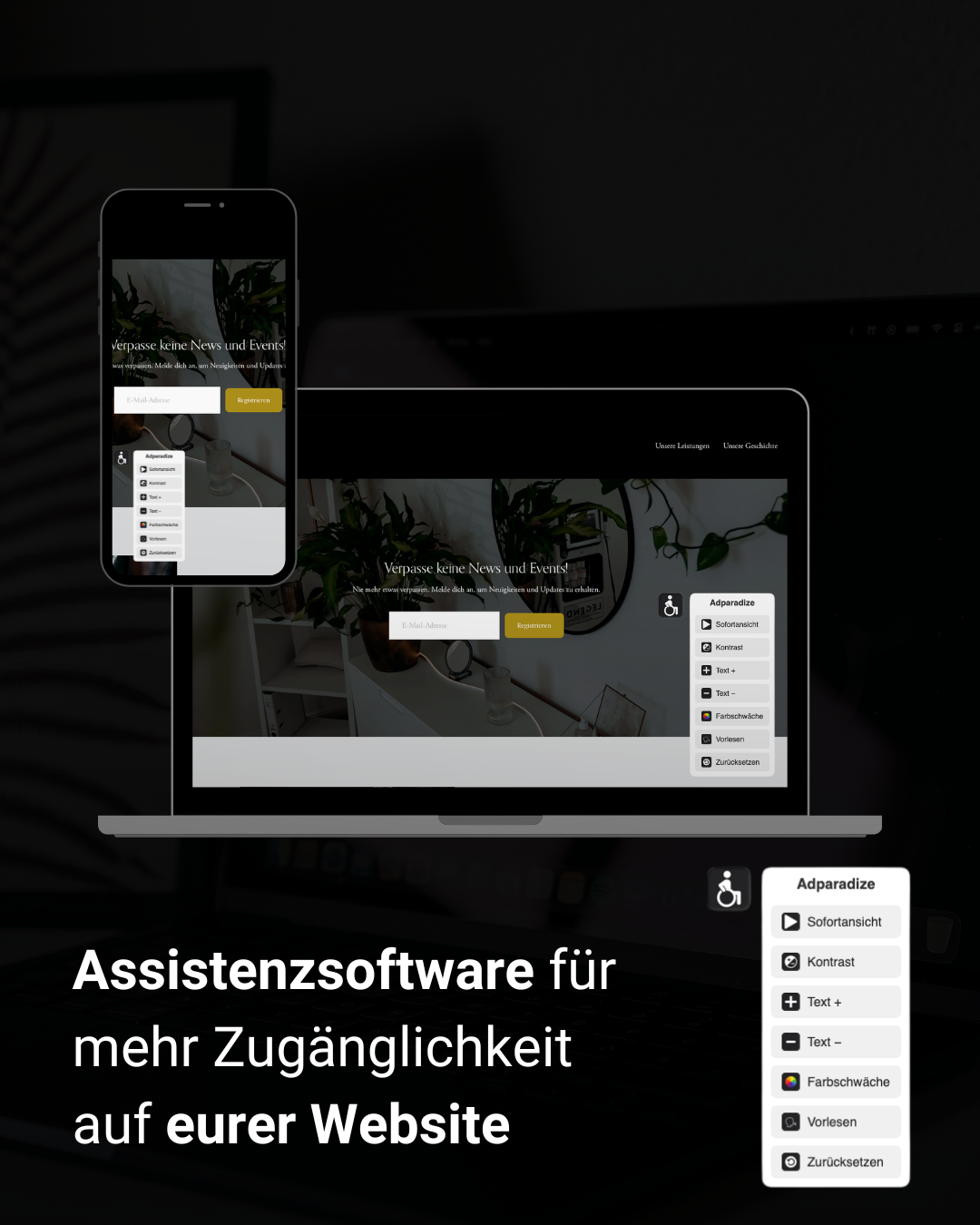 Screenshot einer Webseite und einer mobilen App, die Assistenzsoftware für mehr Barrierefreiheit auf Websites zeigt.