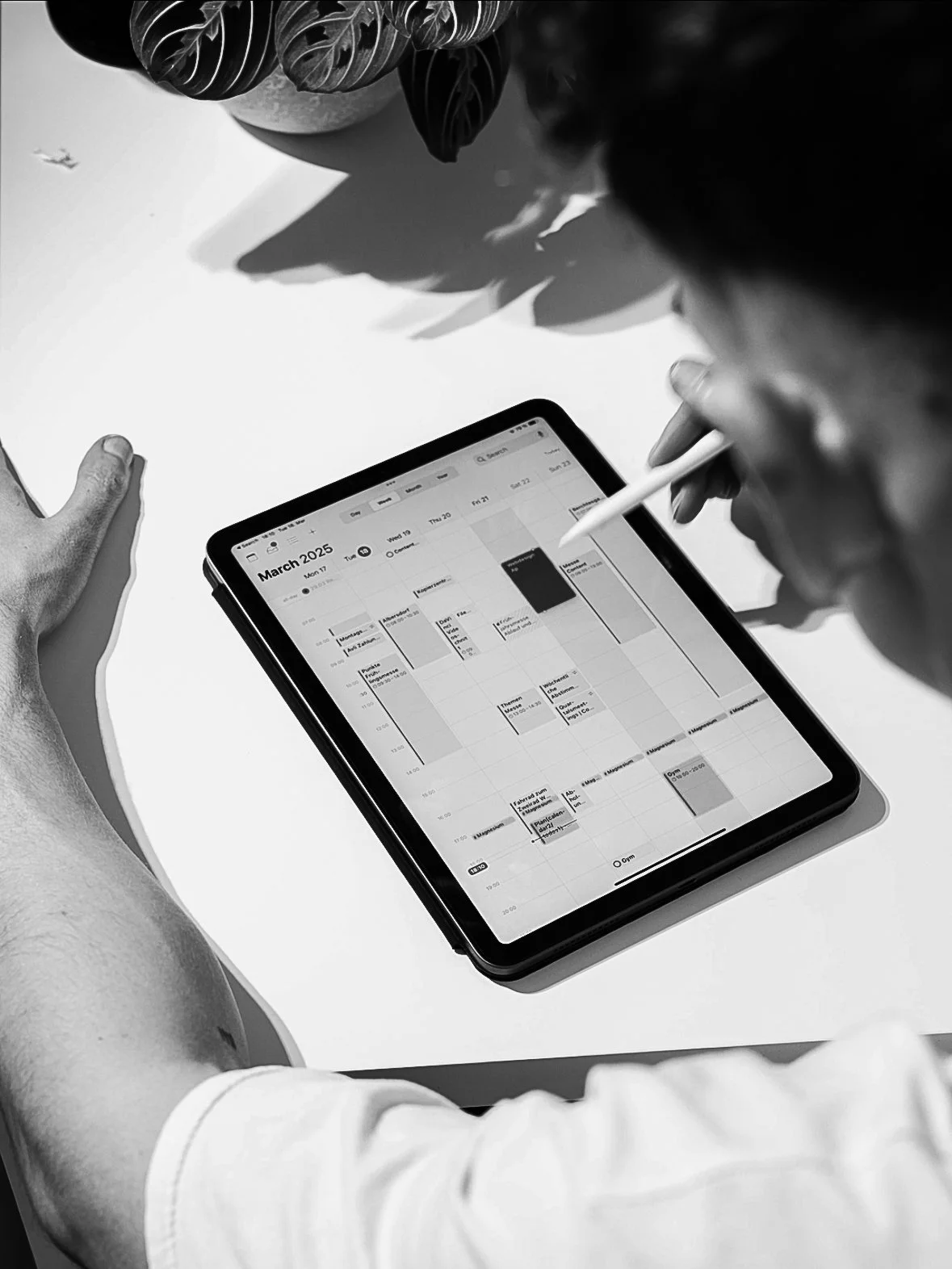 Schwarz-Weiß-Foto einer Person, die einen digitalen Kalender auf einem Tablet mit Stift bearbeitet, mit Pflanzen im Hintergrund.