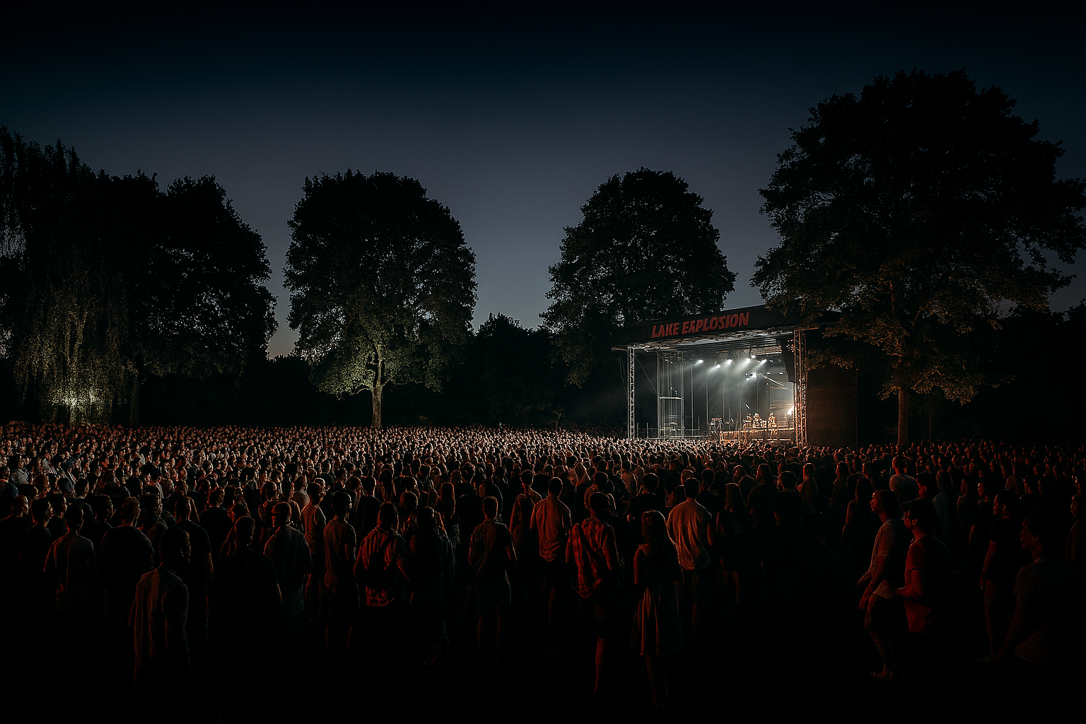 Nachtaufnahme eines Konzerts im Freien mit einer großen Menschenmenge vor einer Bühne, die 'Lake Explosion' heißt, umgeben von Bäumen.
