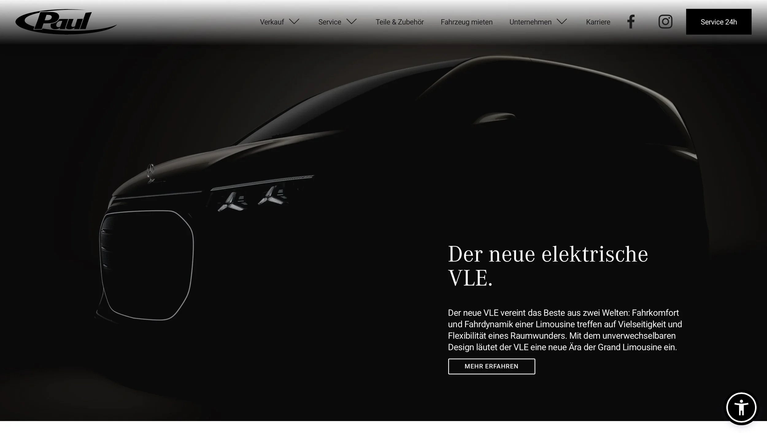 Dunkle Fahrzeugseite mit Scheinwerfern und abgestrahltem Logo, im Hintergrund armdicke Schatten, Text auf der rechten Seite beschreibt die neue elektrische VLE als Kombination von Komfort und Flexibilität, mit einem Button "Mehr erfahren" darunter.