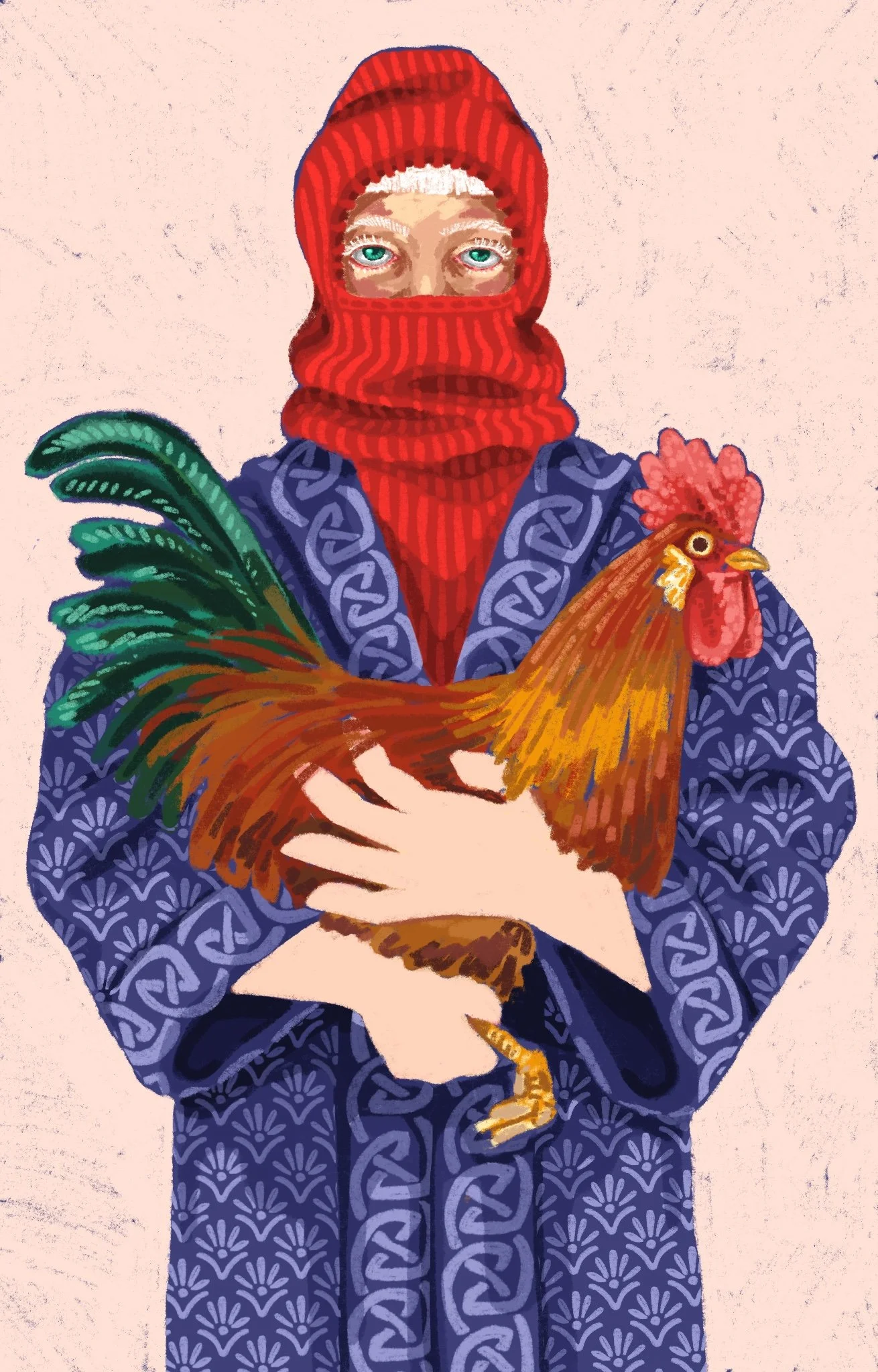 Person wearing a red balaclava and a patterned blue coat, holding a colorful rooster with green tail feathers and red comb.