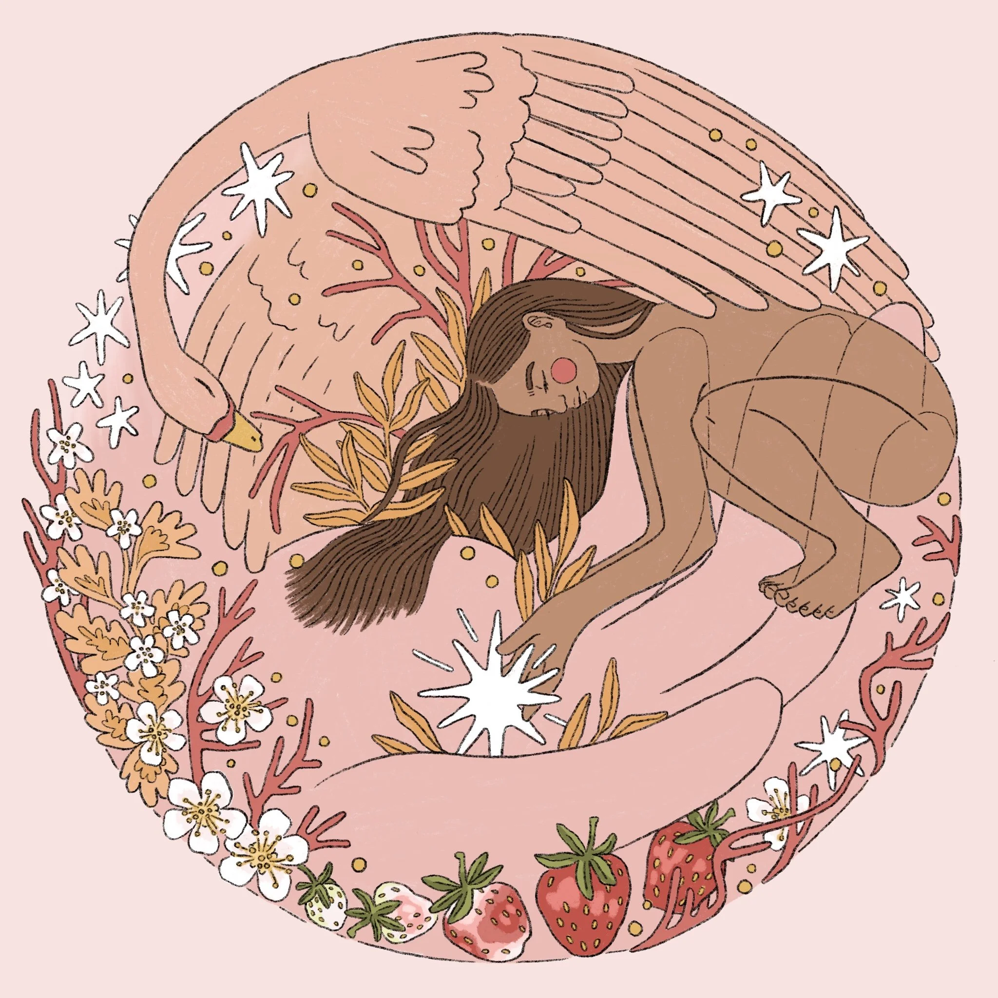 An illustration of a girl with long brown hair, crouched in a large hand, surrounded by flowers and strawberries, with a large pink swan overhead.