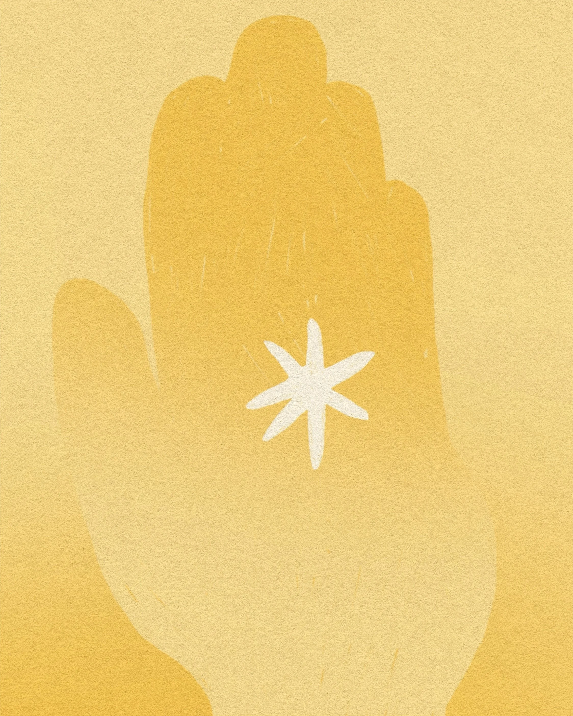 Hand holding a white star-shaped object against a yellow background.