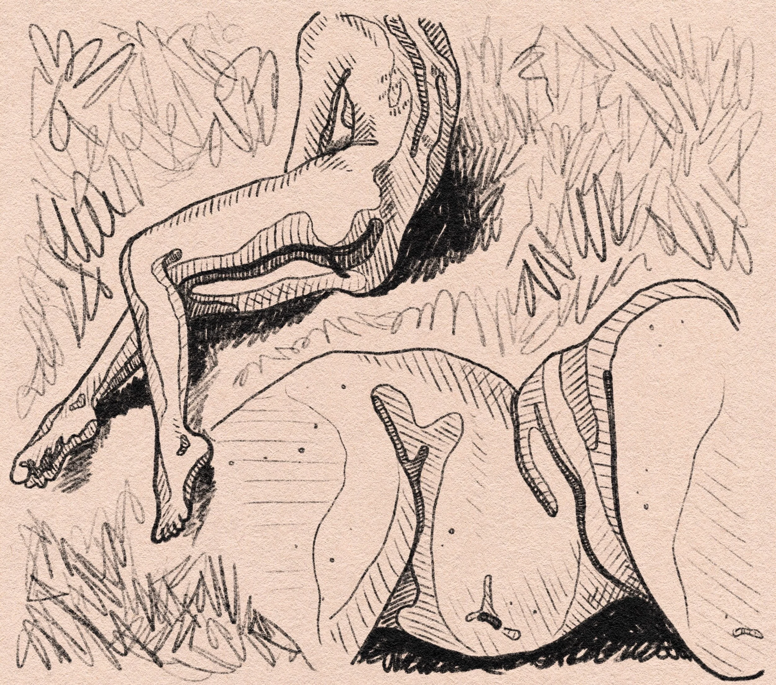 Sketched line drawing of two female figures