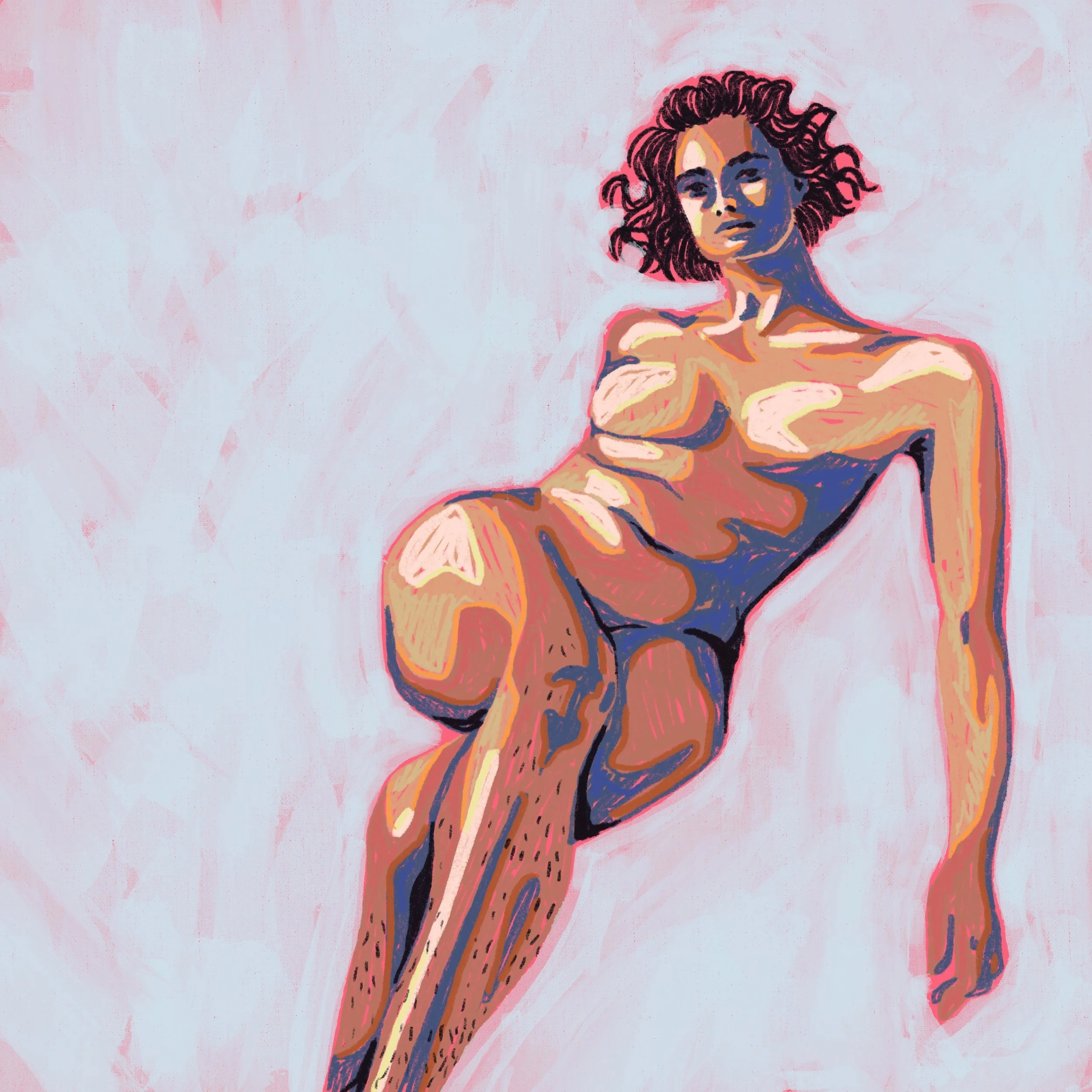 Digital illustration of a woman sitting reclined with one knee raised, with curly dark hair, with colourful shading against a light blue background.