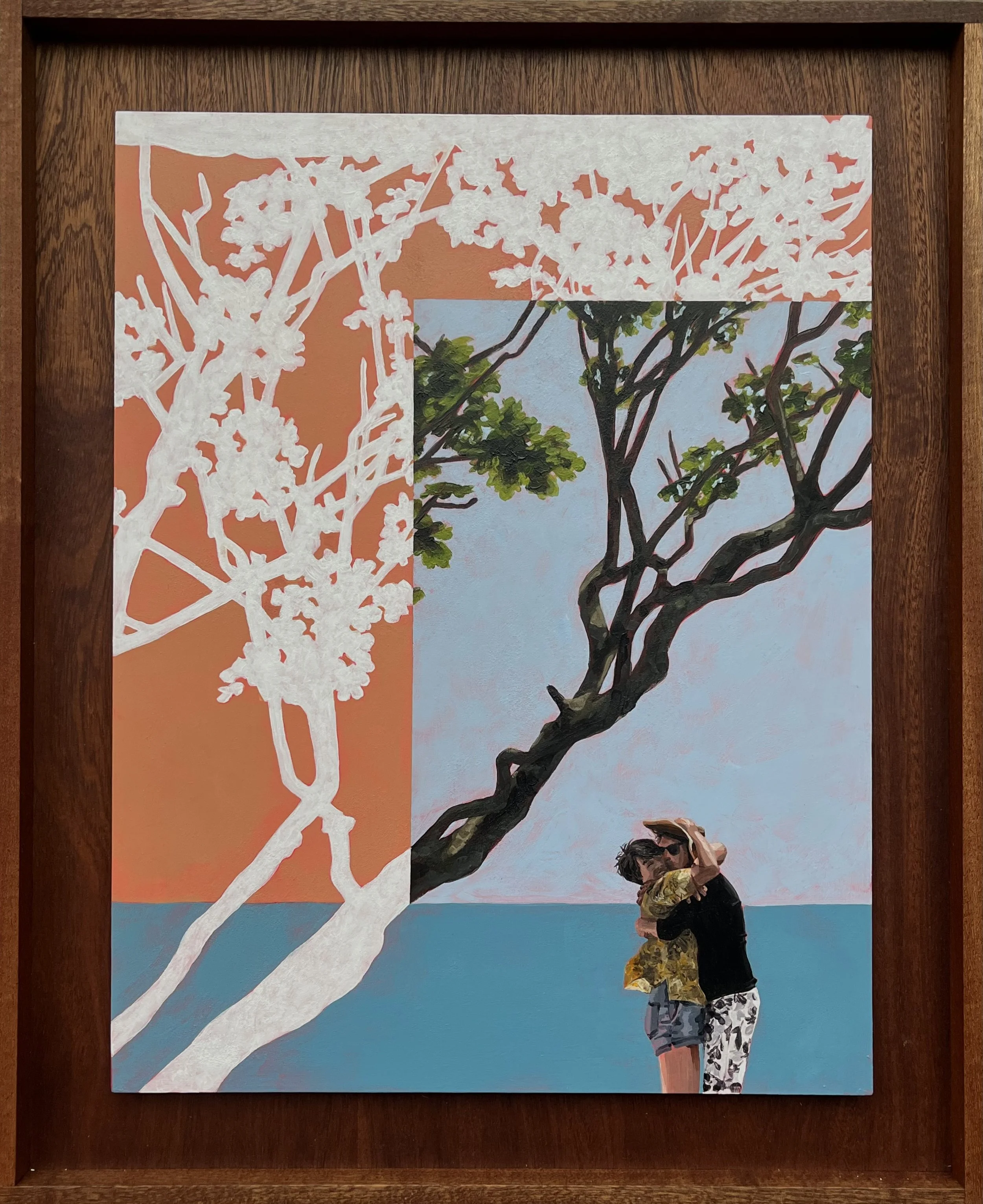 Painting depicting a two women hugging outdoors under a tree, with a sky and  sea background, featuring a mix of detailed and stylised elements.