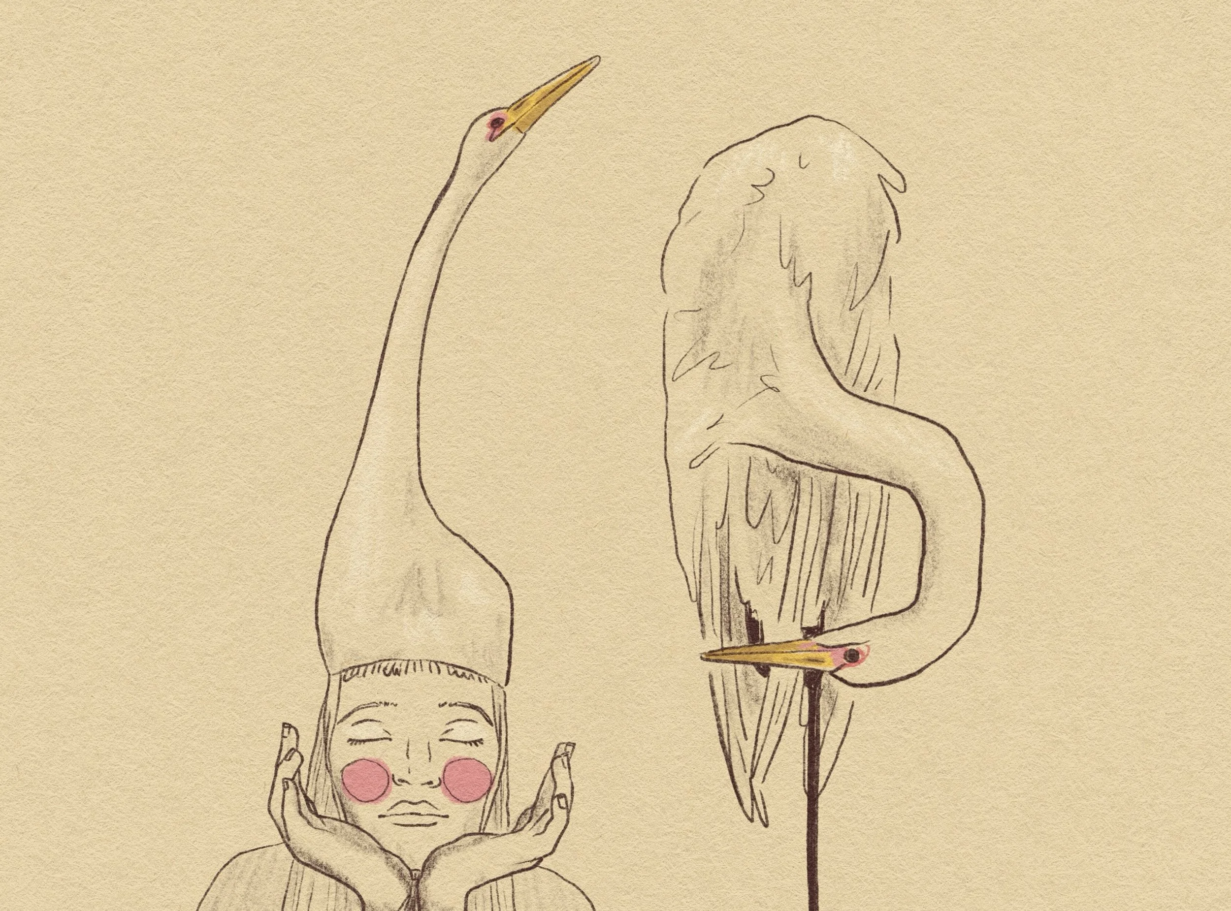 A line drawing of a girl with closed eyes  resting her chin on her hands,  wearing a hat resembling a heron with a heron standing beside her, both with yellow beaks set against an off white background.