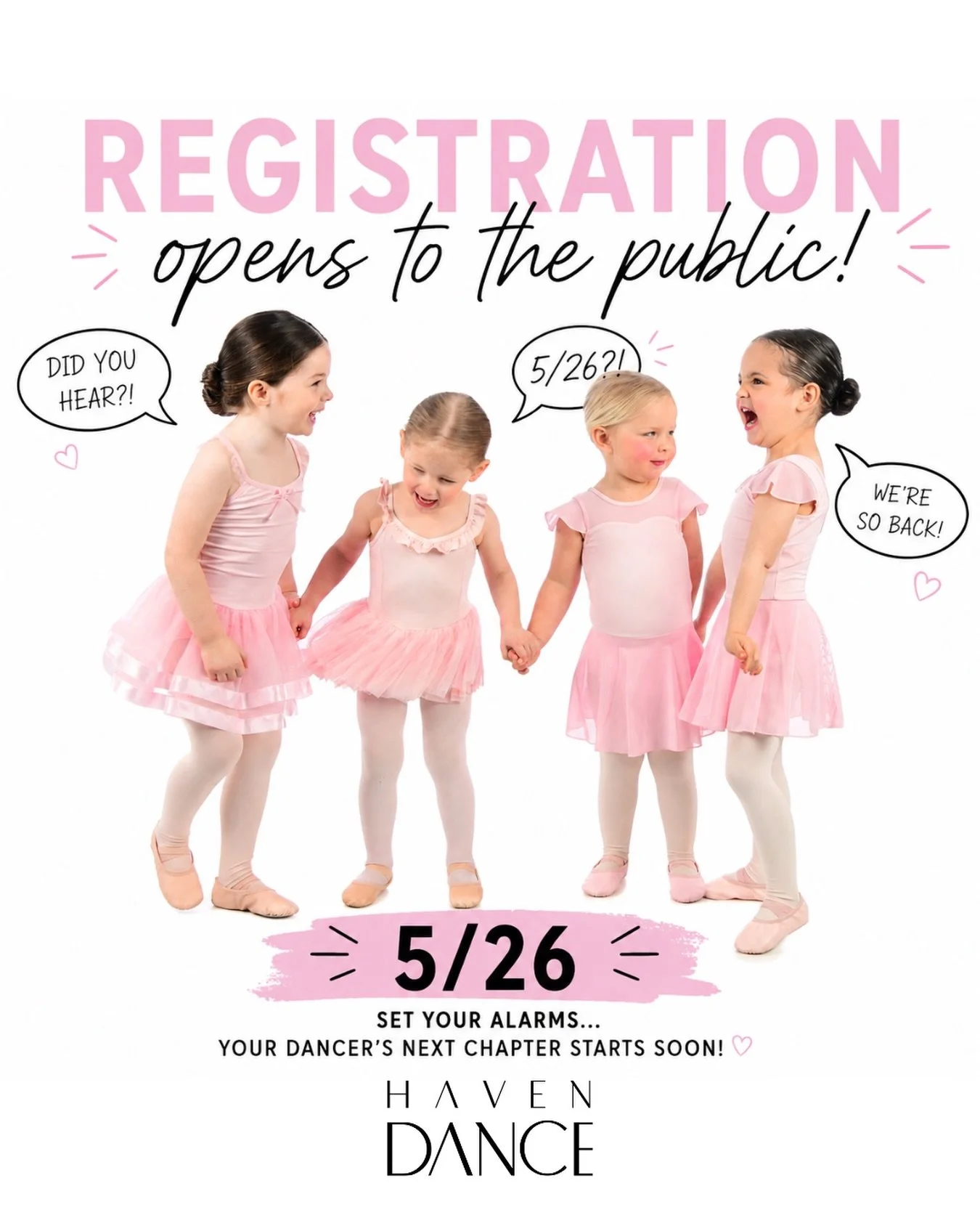 Registration opens to the public 5/26 and these girls have already started spreading the news ✨

A new season of dancing, friendships, confidence, and memories is almost here 🤍 From our tiniest dancers to our teens, we cannot wait to welcome everyon