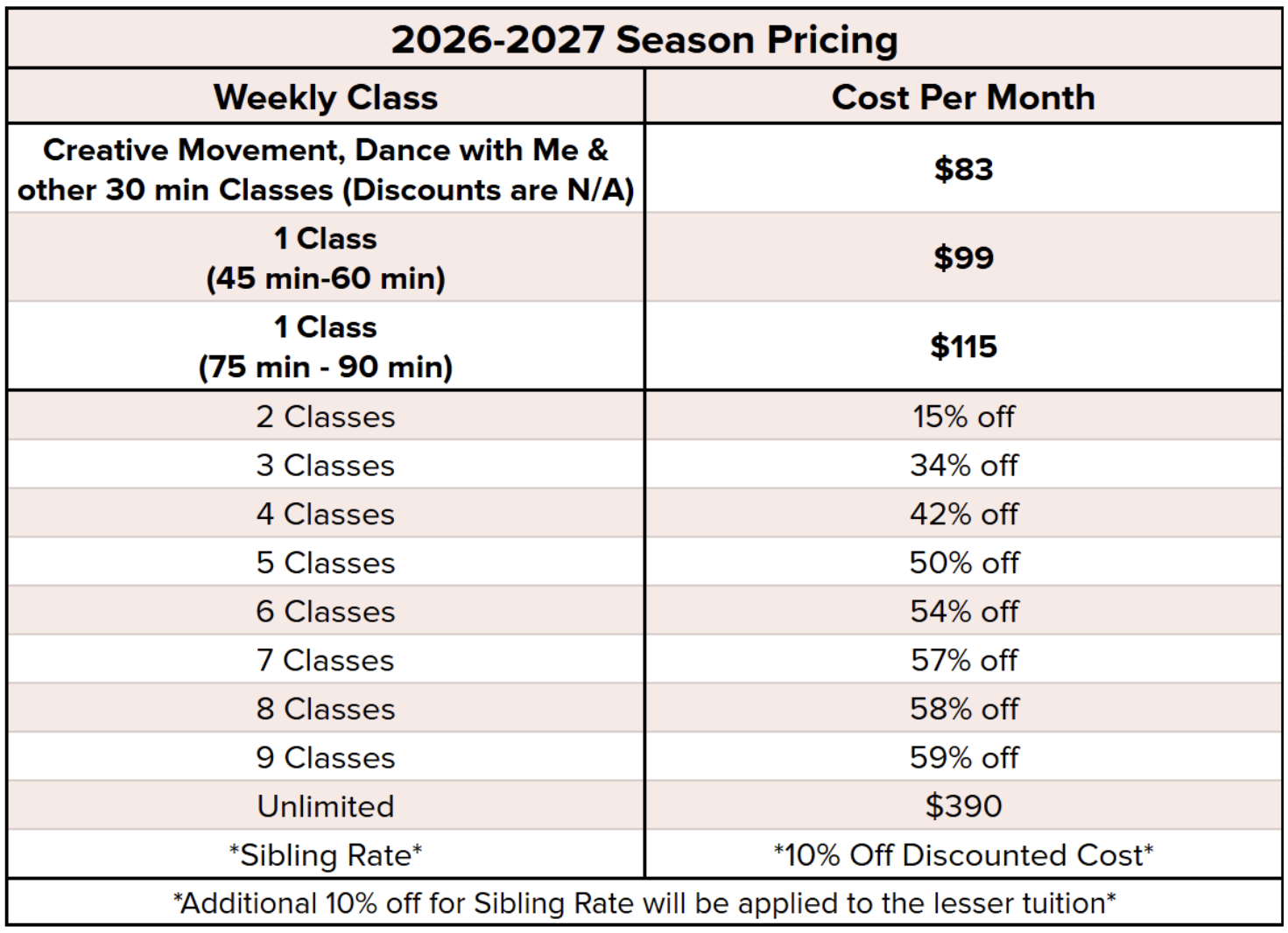 Haven Dance Pricing 2026-2027 Season
